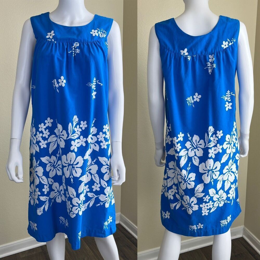 Vintage Ui Maikai Women S Blue Floral Mini Dress Hawaii Hibiscus Cotton Resort